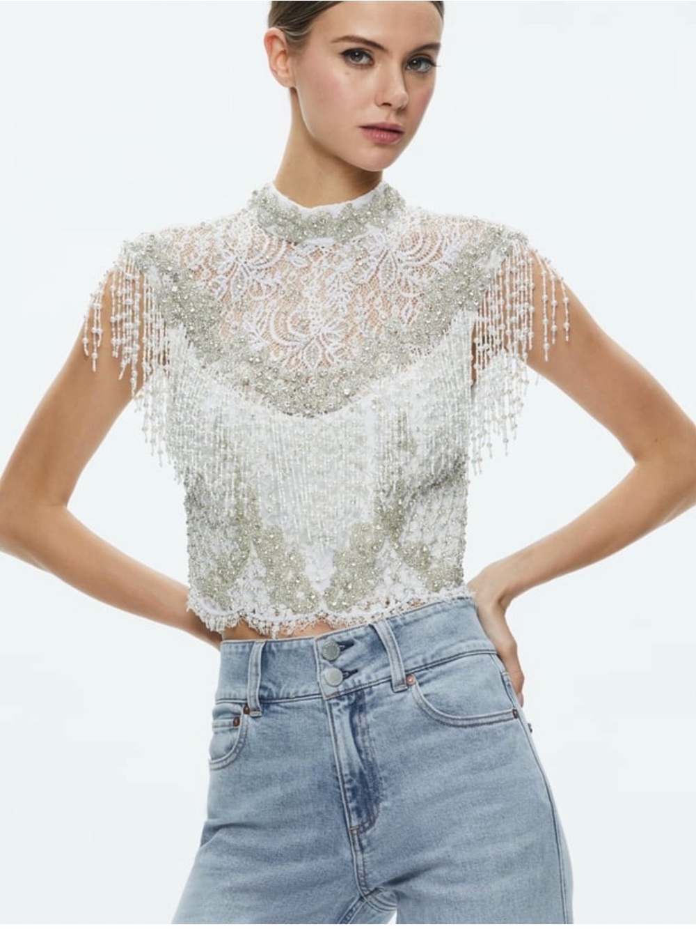Alice + Olivia White Beaded Lace Fringe Crop Top